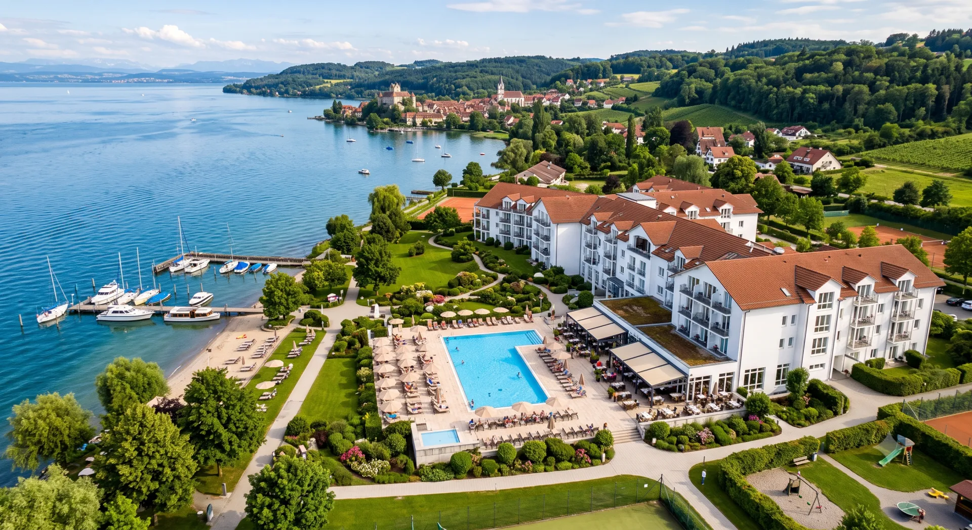 Luftaufnahme einer Hotelanlage am See