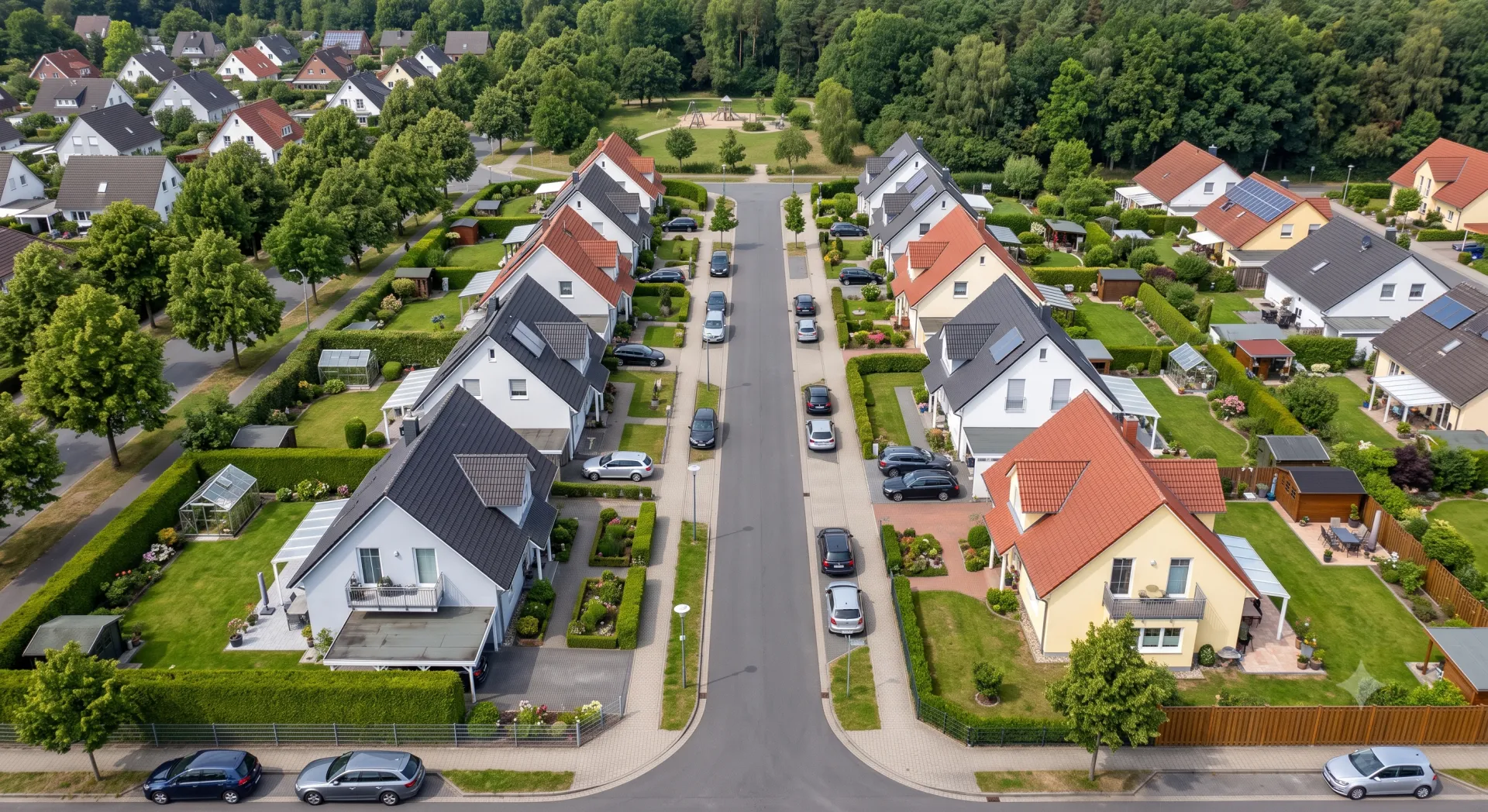 Luftaufnahme eines Wohngebiets mit klar erkennbaren Grundstücksgrenzen