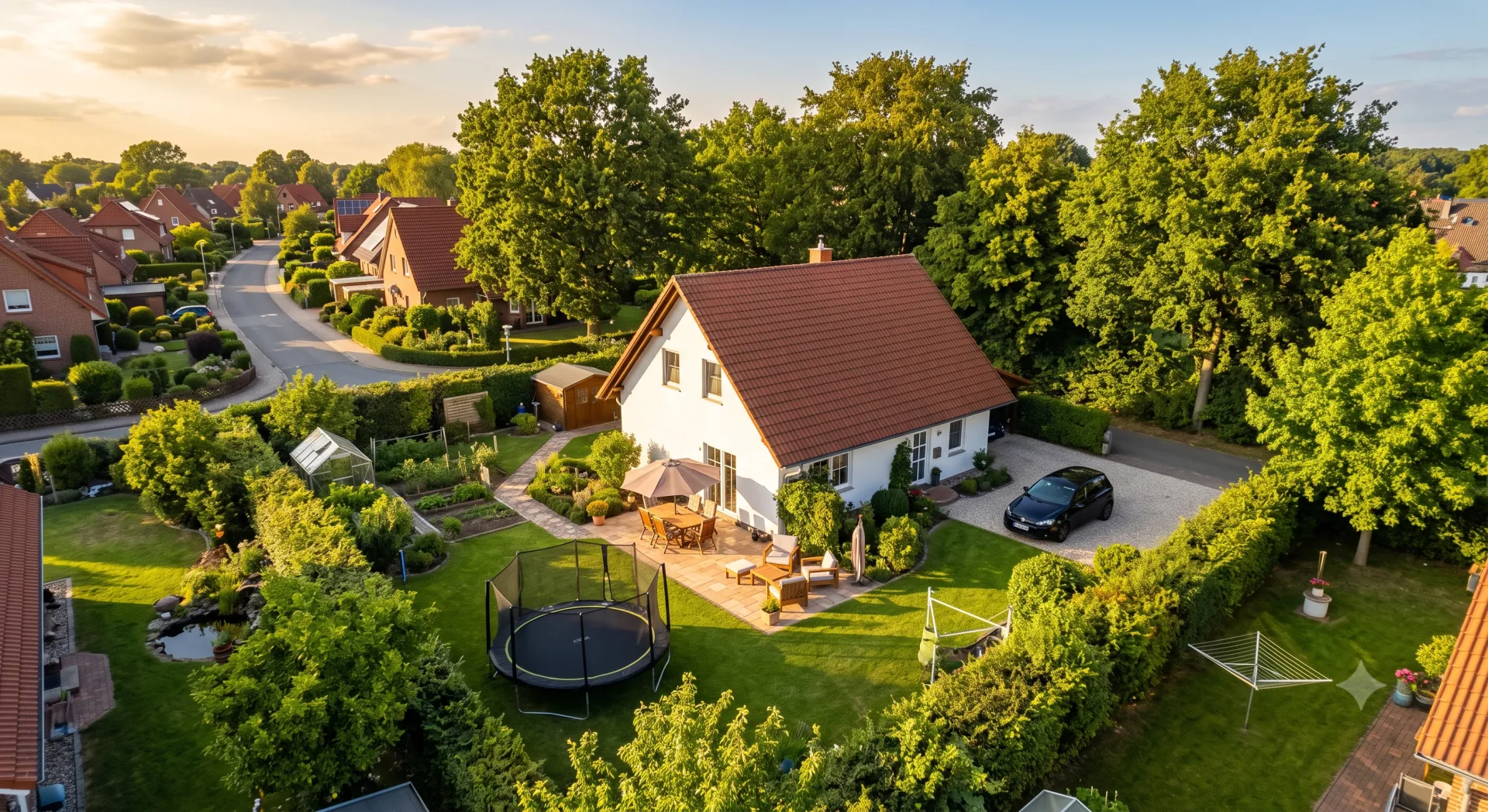 Luftaufnahme eines Einfamilienhauses mit Garten